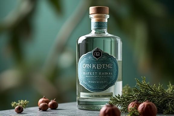 Close-up of a sophisticated botanical gin bottle.